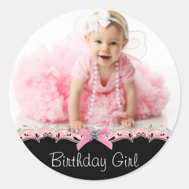 Pink Black Photo Birthday Party Stickers (Front)