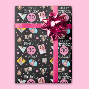 Pink Black Photo Collage 30th Birthday Wrapping Paper