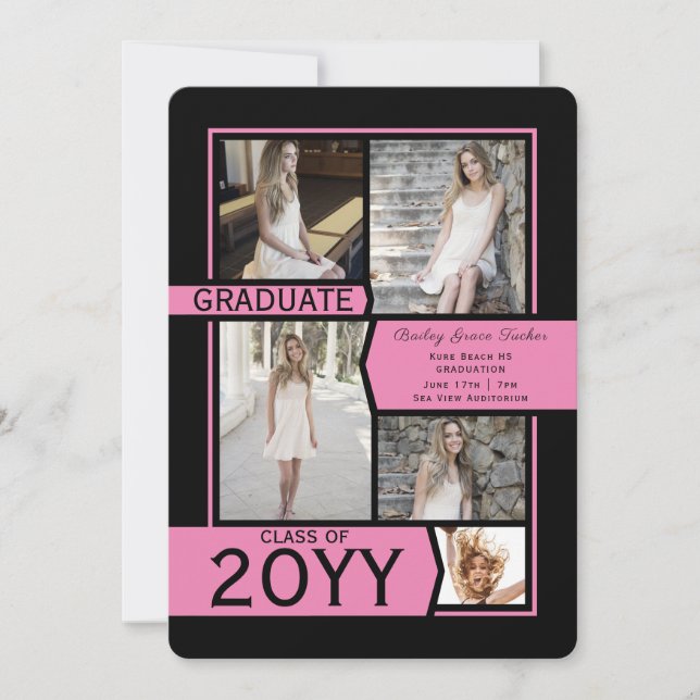 Pink Black Photo Collage Class of Graduation Announcement (Front)