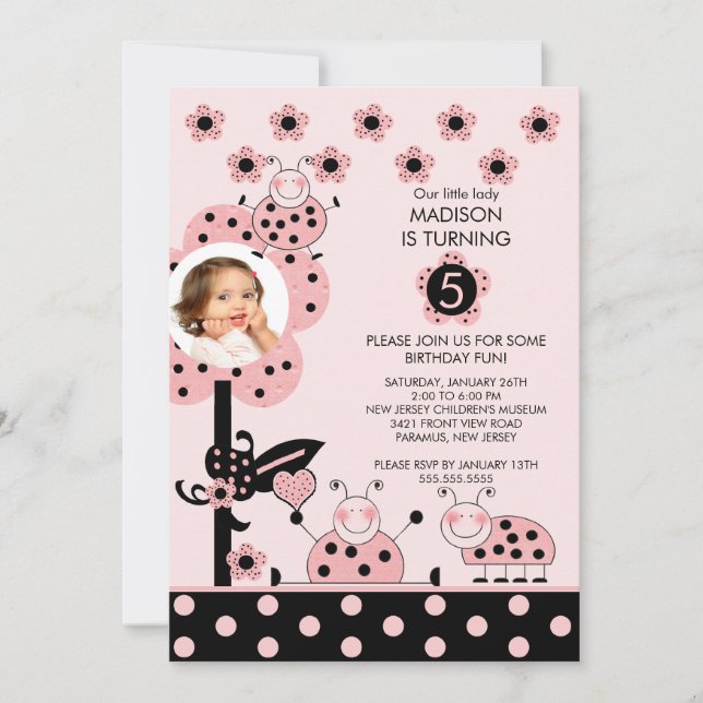 Pink & Black PHOTO Ladybug Birthday Invitation (Front)
