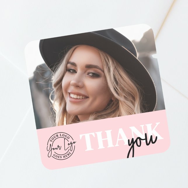 Pink Black Photo Logo Thank You Square Sticker (Pink Black Photo Logo Thank You Square Sticker)