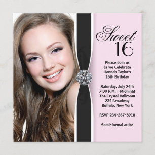Pink Black Photo Sweet 16 Birthday Party Invitation