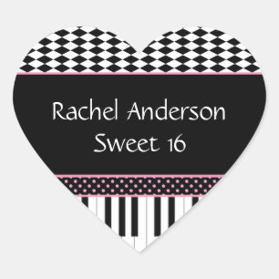 Pink Black Piano Theme Sweet 16 Birthday Heart Sticker