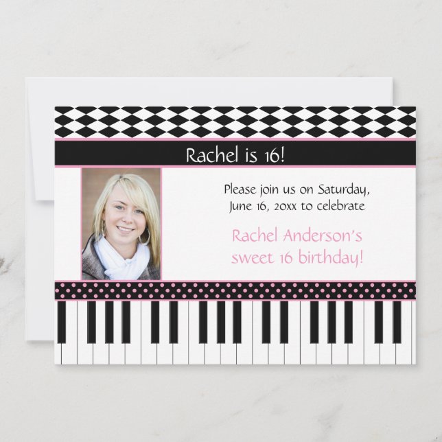 Pink Black Piano Theme Sweet 16 Birthday Invitation (Front)