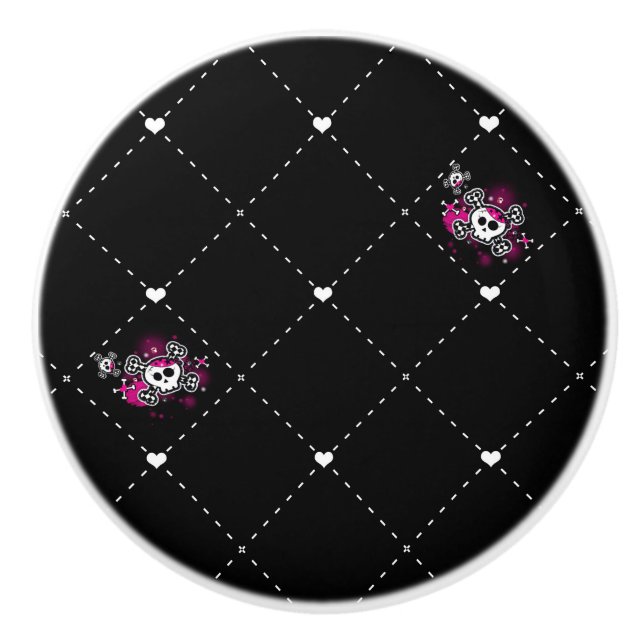 Pink & Black Pirate Skull Crossbones Punk Dresser Ceramic Knob (Front)