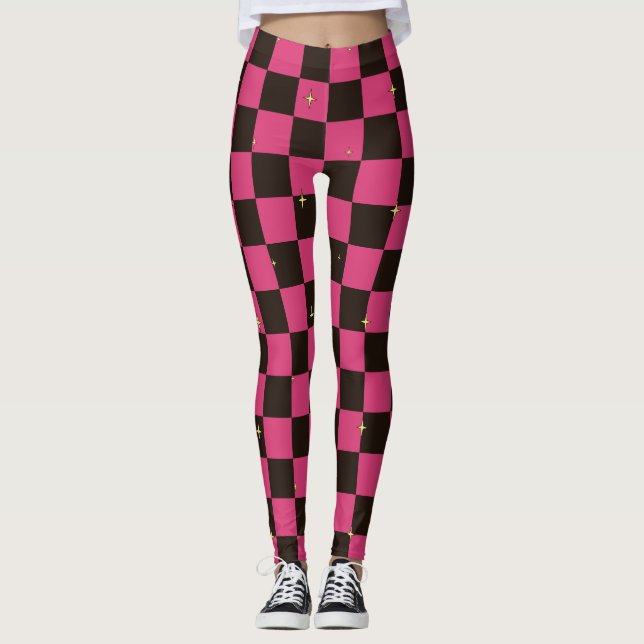 Pink & Black Plaid Halloween Leggings With Stars (Front)