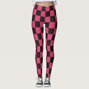 Pink & Black Plaid Leggings With Stars