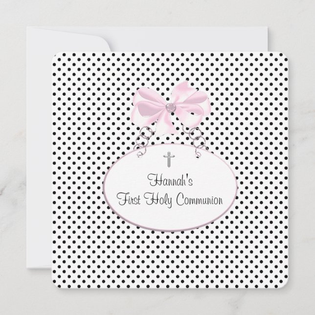 Pink Black Polka Dot Cross Girls First Communion Invitation (Front)