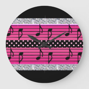 Pink & Black Polka Dot Diamonds & Musical Notes Large Clock