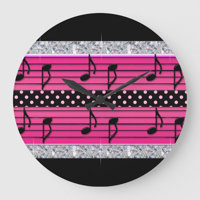 Pink & Black Polka Dot Diamonds & Musical Notes Large Clock (Front)