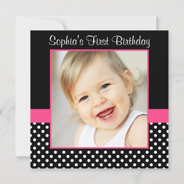 Pink Black Polka Dot Girl Photo 1st Birthday Party Invitation (Front)