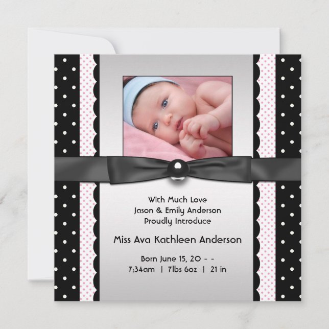 Pink Black Polka Dot Girl Photo Birth Announcement (Front)