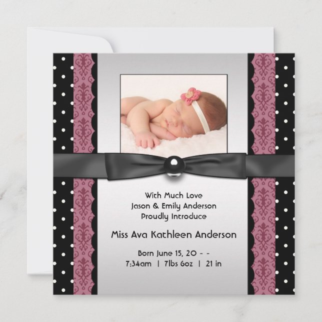 Pink Black Polka Dot Girl Photo Birth Announcement (Front)