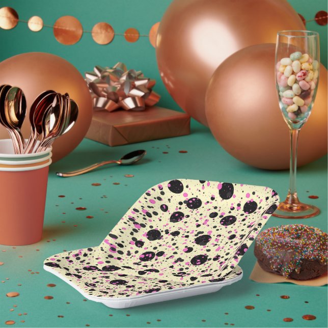 Pink & Black Polka Dot Glam Pattern Paper Plate (Multi)