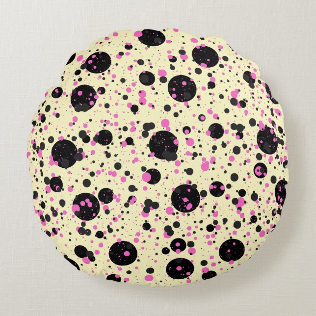 Pink & Black Polka Dot Glam Pattern Round Cushion (Front)