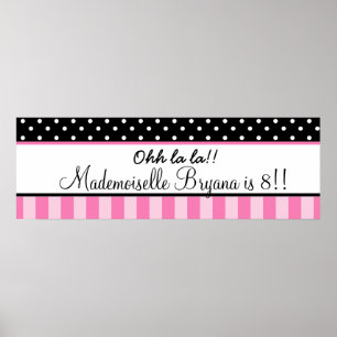 Pink & Black Polka Dot Paris Birthday Party Banner Poster