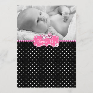 Pink Black Polka Dot Photo Baby Thank You Card
