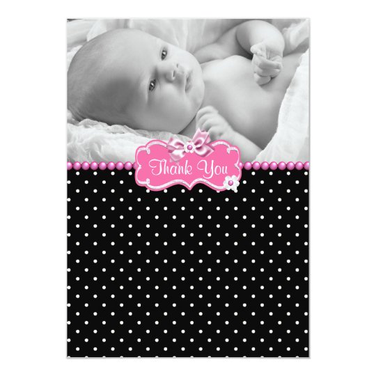 Pink Black Polka Dot Photo Baby Thank You Card