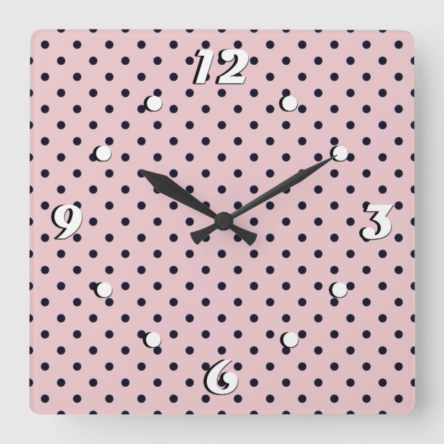 Pink black polka dot square wall clock (Front)
