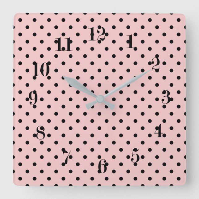 Pink black polka dot square wall clock (Front)