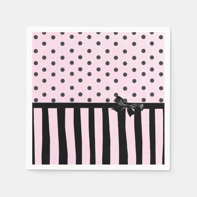 Pink & Black Polka Dot Striped Party Paper Napkins (Front)