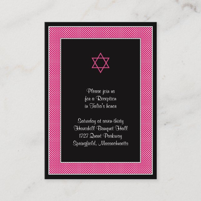Pink Black Polka Dots Bat Mitzvah Reception Card (Front)
