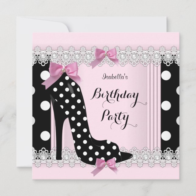Pink Black Polka Dots High Heel Birthday Party Invitation (Front)