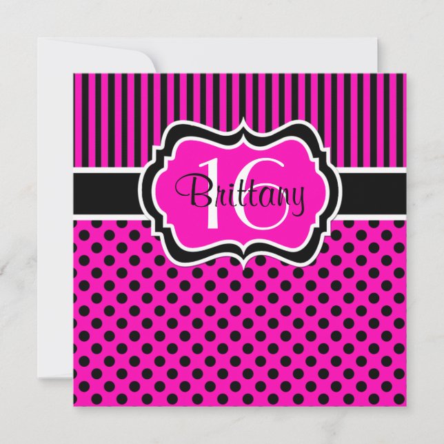 Pink, Black Polka Dots Sixteenth Birthday Invite (Front)