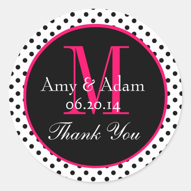 Pink Black Polka Dots Wedding Favour Thank You Classic Round Sticker (Front)