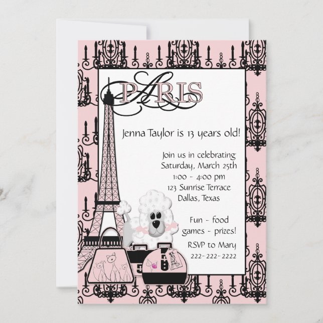 Pink Black Poodle Paris Girls Birthday Party Invitation (Front)