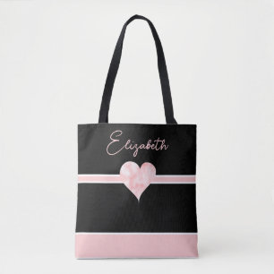 Pink & Black Pretty Personalised Heart Tote Bag