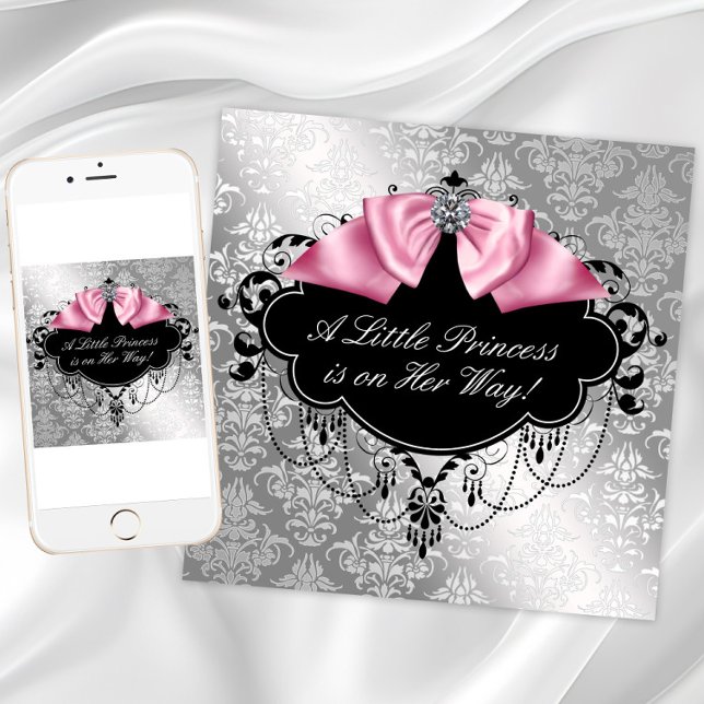 Pink Black Princess Baby Girl Shower Invitation (Pink black and silver baby shower invitation with pink diamond bow on damask background.)