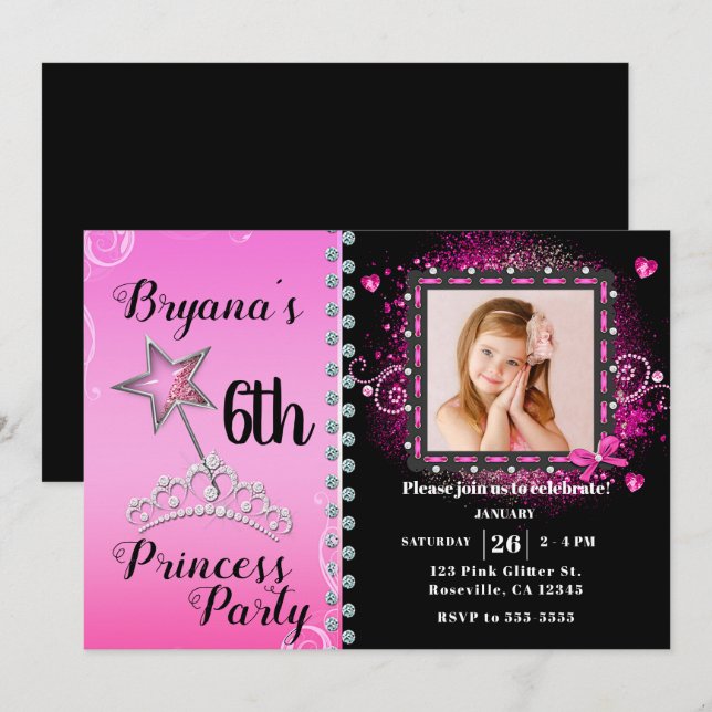 Pink & Black Princess Birthday Party Photo Invitation (Front/Back)