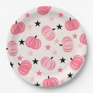 Pink & Black Pumpkin with Stars Halloween & Autumn Paper Plate