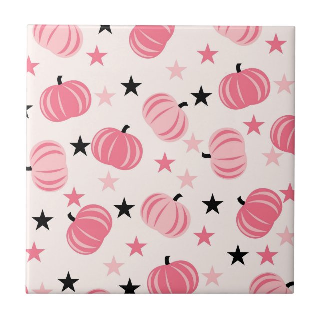Pink & Black Pumpkin with Stars Halloween & Autumn Tile (Front)