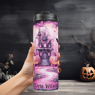 Pink  Black, Pumpkins, Haunted House Personalized Thermal Tumbler