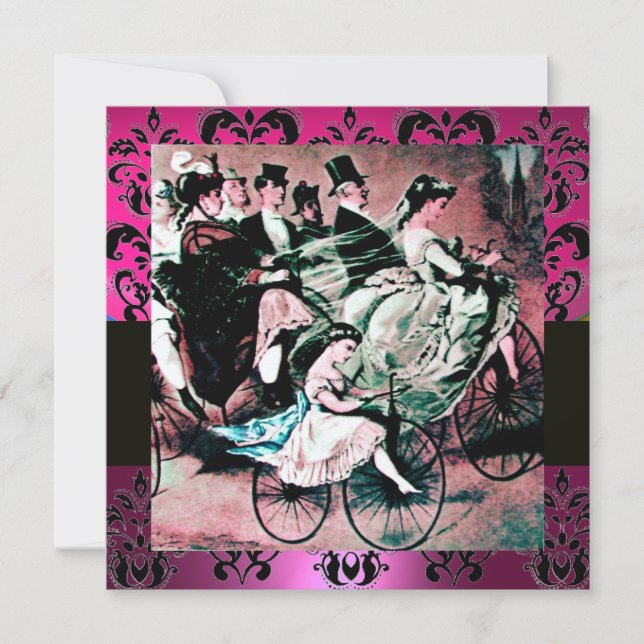 PINK,BLACK,PURPLE DAMASK MONOGRAM ,white, fuchsia Invitation (Front)