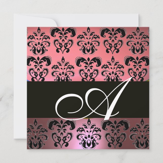 PINK,BLACK,PURPLE DAMASK MONOGRAM ,white Invitation (Front)