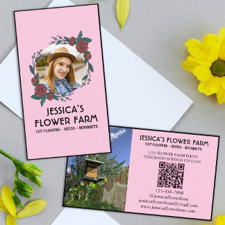 Pink & Black QR Code Professional 2 Photo Floral Business Card