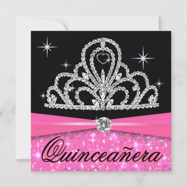 Pink Black Quinceanera Princess Tiara Bling Invitation (Front)