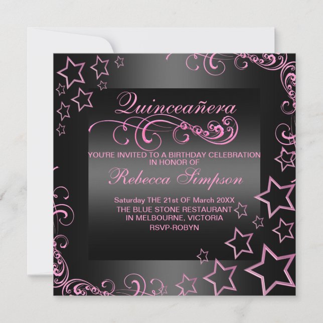 Pink/Black Quinceañera Star & Swirl Invite (Front)