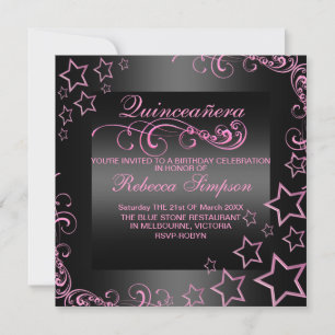 Pink/Black Quinceañera Star & Swirl Invite