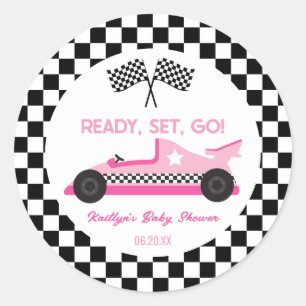 Pink Black Race Car Ready Set Go Baby Shower Favor Classic Round Sticker