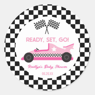 Pink Black Race Car Ready Set Go Baby Shower Favou Classic Round Sticker