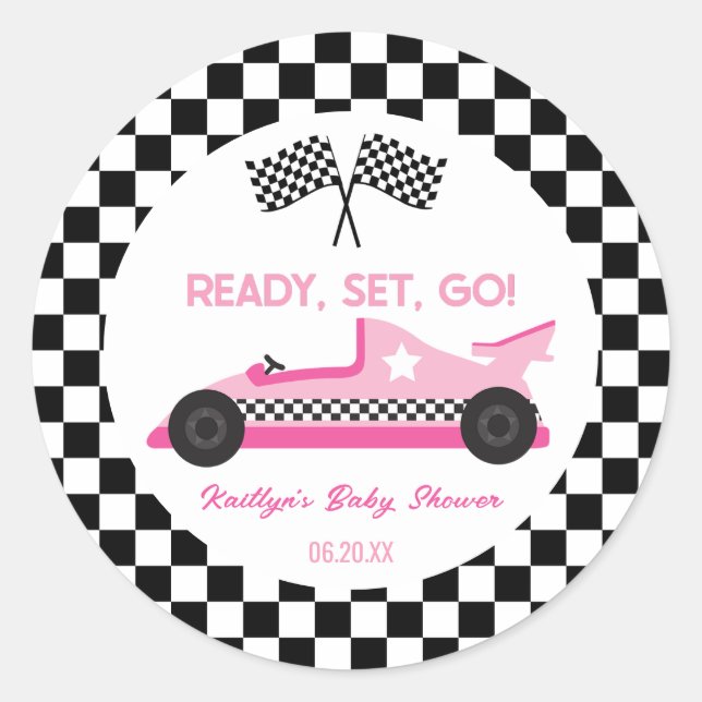 Pink Black Race Car Ready Set Go Baby Shower Favou Classic Round Sticker (Front)
