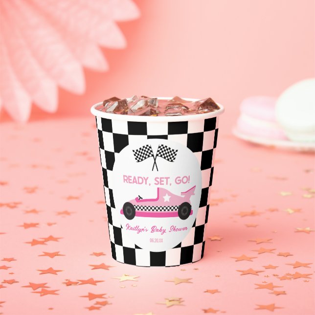 Pink Black Race Car Ready Set Go Baby Shower Paper Cups (Insitu)