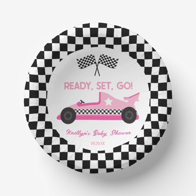 Pink Black Race Car Ready Set Go Baby Shower Paper Plate (Front)