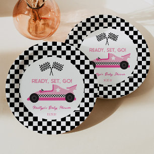 Pink Black Race Car Ready Set Go Baby Shower Paper Plate