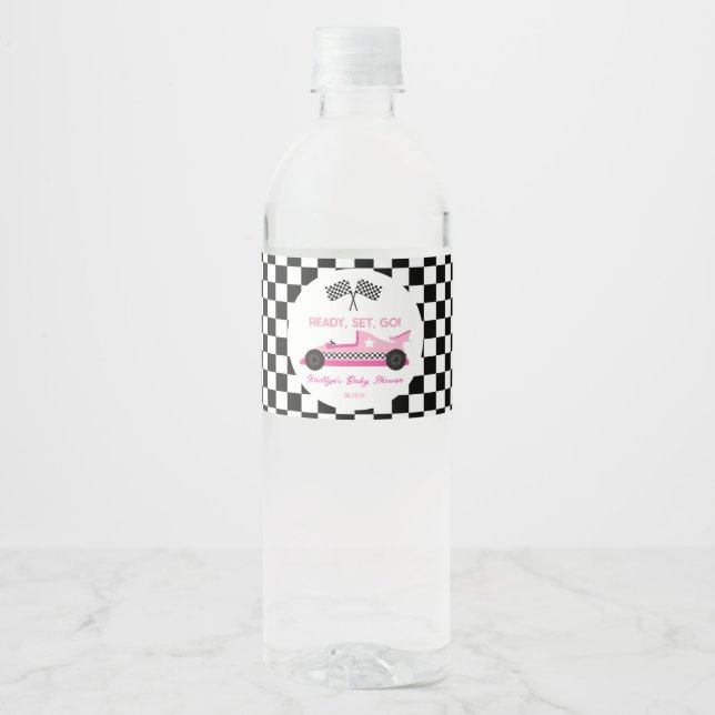 Pink Black Race Car Ready Set Go Baby Shower Water Bottle Label (Front)
