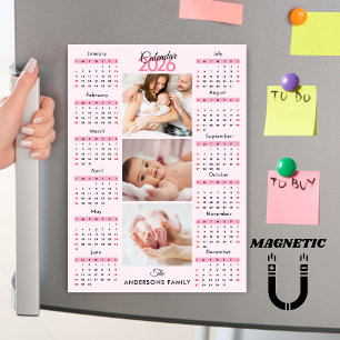 Pink Black Red 2026 Calendar Photo Collage Magnet